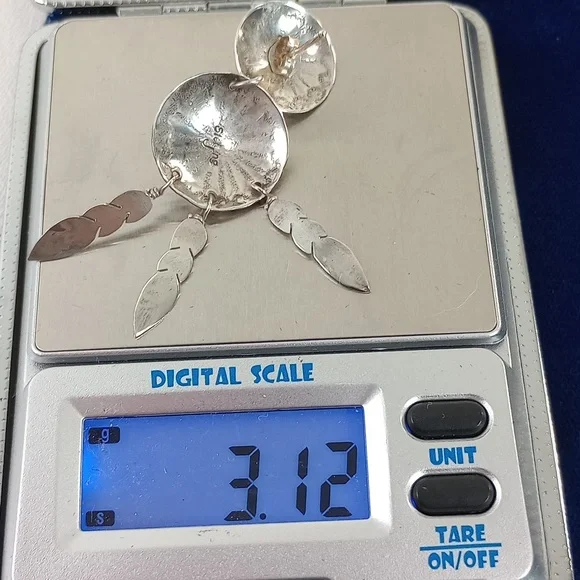 Sterling Silver and Turquoise / Feathers Dangle Earrings Native American - Picture 6 of 12